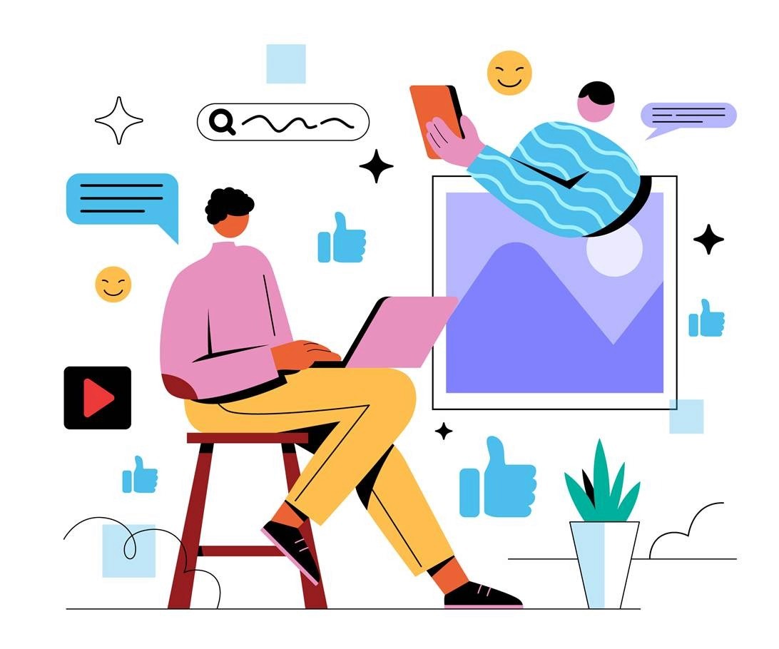 Social media creator on laptop surrounded by likes, comments, and engagement icons
