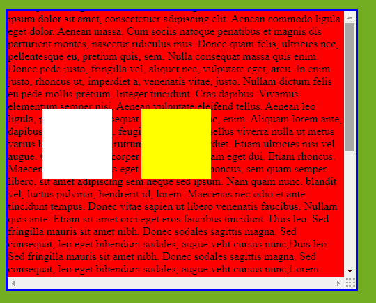 The result of some HTML that shows staggered white and yellow rectangles at the bottom right corner of a red rectangle with a royal blue stroke and black filler text inside, over top of a green background with a lighter blue stroke