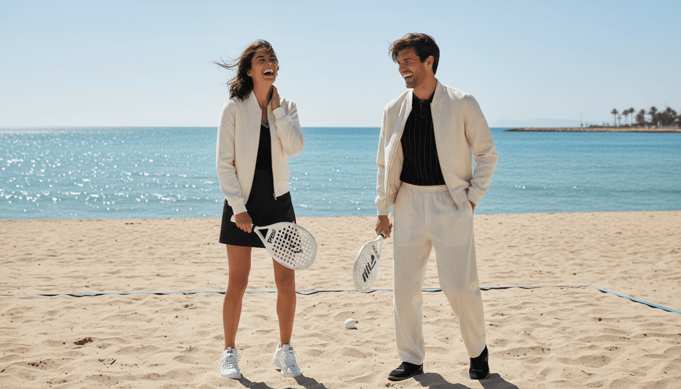 AI-generated male and female models on beach with FILA padel rackets — Court Meets Coast campaign, Juliette Universe