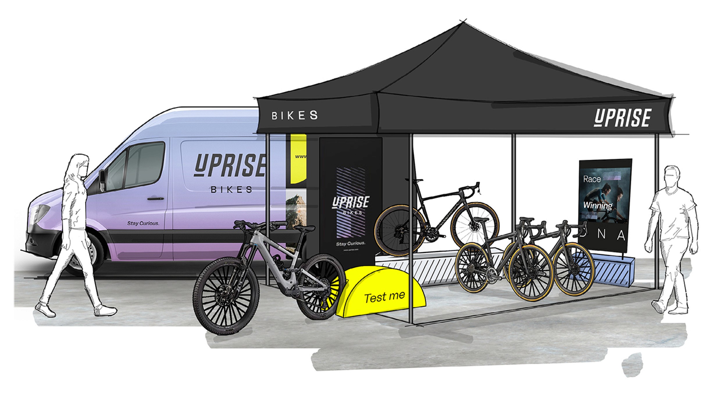Hand-drawn sketch visualising a branded cycling activation space