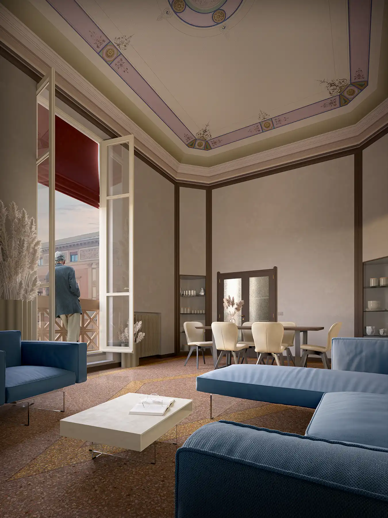 Luxurious apartment with ornate frescoed ceiling, open French doors to balcony, and modern blue furniture. Classic-contemporary interior design.