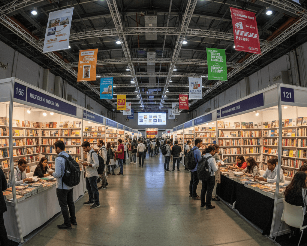Busy Authors' Corner at NDWBF 2026 with writers on stage for talks, fans queuing for autographs, bookshelves of new releases, and military-themed posters highlighting 75 years of Indian armed forces.