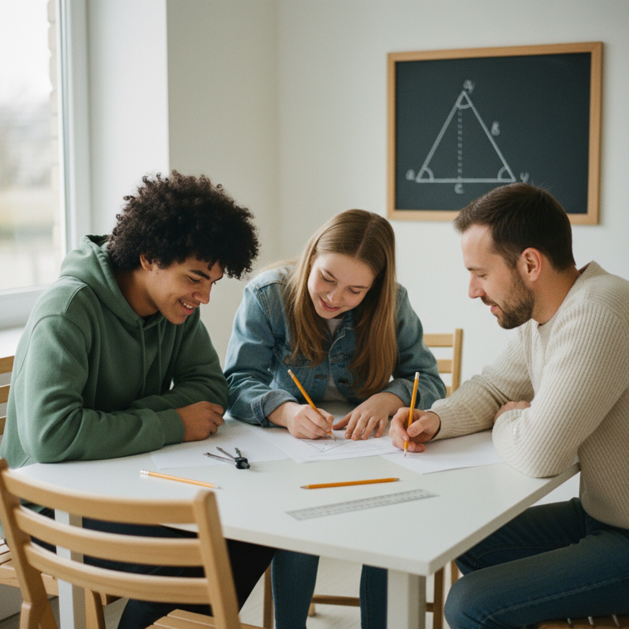 Ein heller Tisch mit drei Stühlen, zwei Schülerinnen und ein Tutor beugen sich über ein Geometriearbeitsblatt. Ein Zirkel, Bleistifte und ein Lineal liegen griffbereit. Im Hintergrund zeigt eine kleine Tafel ein Dreieck. Die Gruppe wirkt konzentriert und bereit für die nächste Lerneinheit.