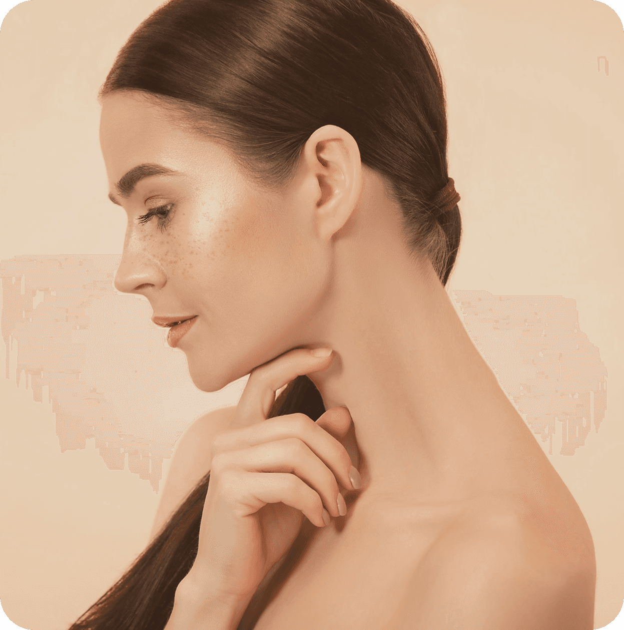 Woman wearing a sheet mask and using a jade roller at a vanity table, surrounded by skincare products