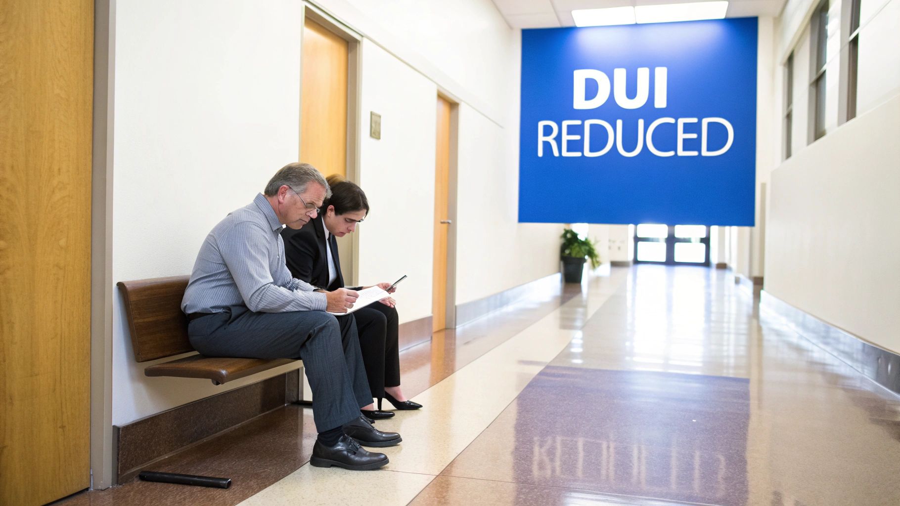 Man and woman, possibly lawyer and client, reviewing documents on a bench in a bright hallway with a 'DUI REDUCED' sign.