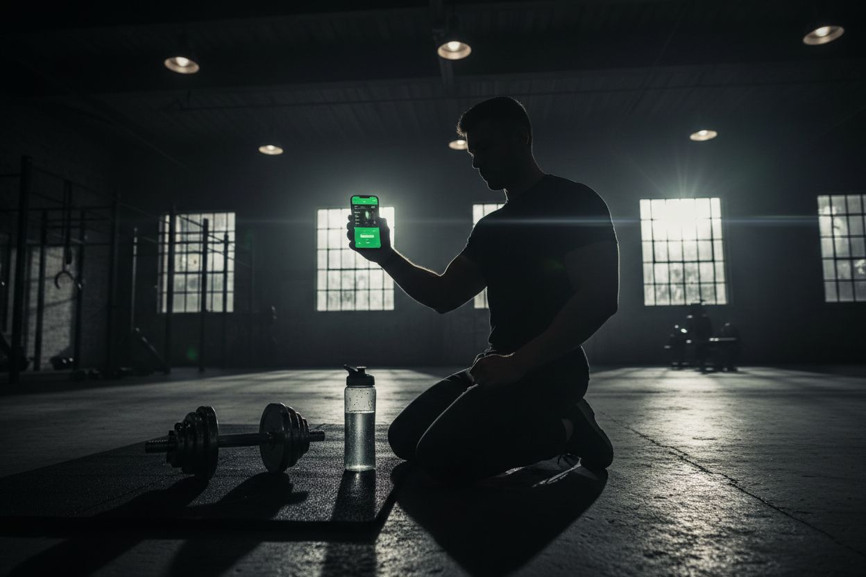 Person logging workout on phone in gym