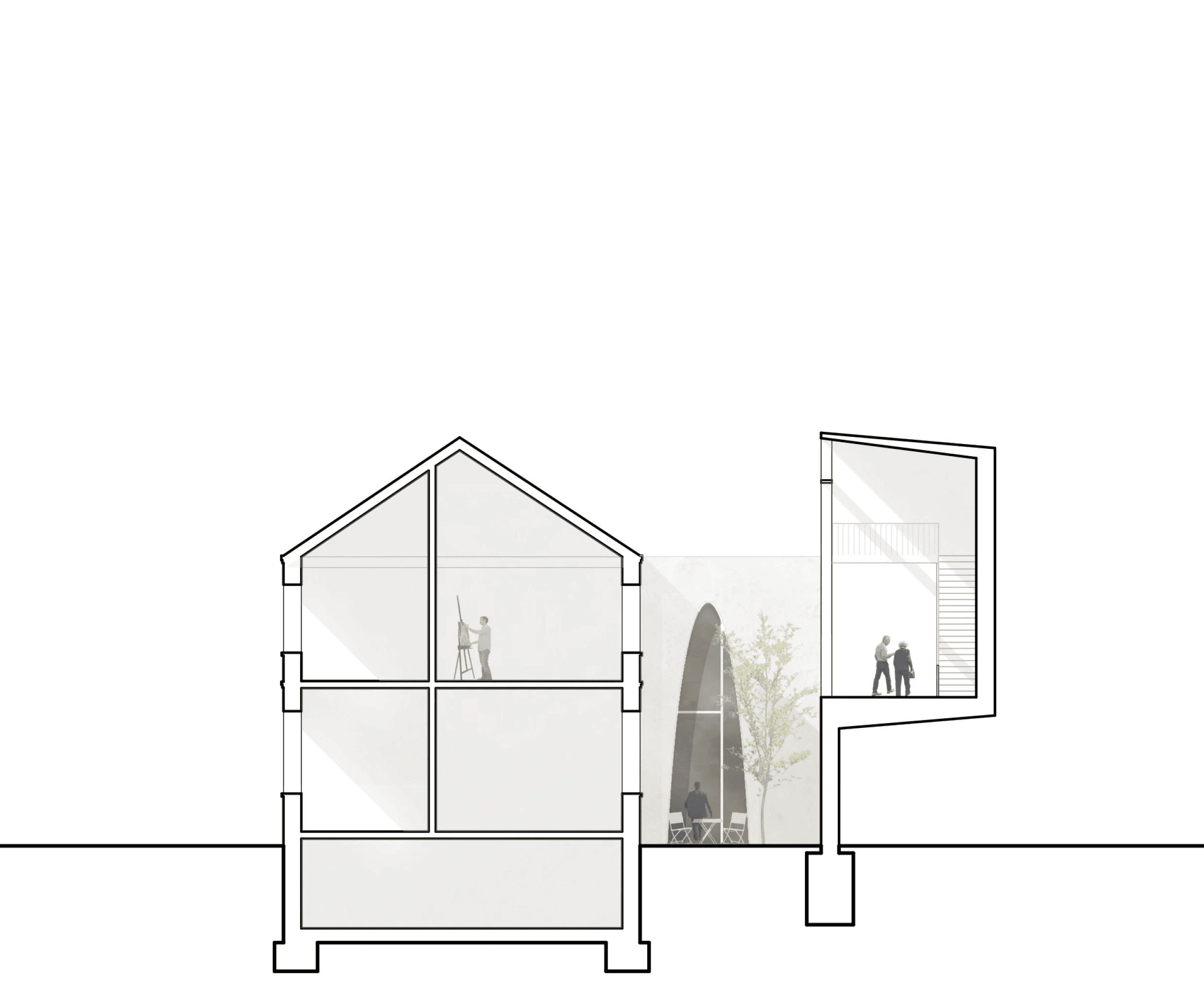 Schnitt durch Wohnhaus, Hof und Riegel im Tankstelle-Kyritz-Projekt