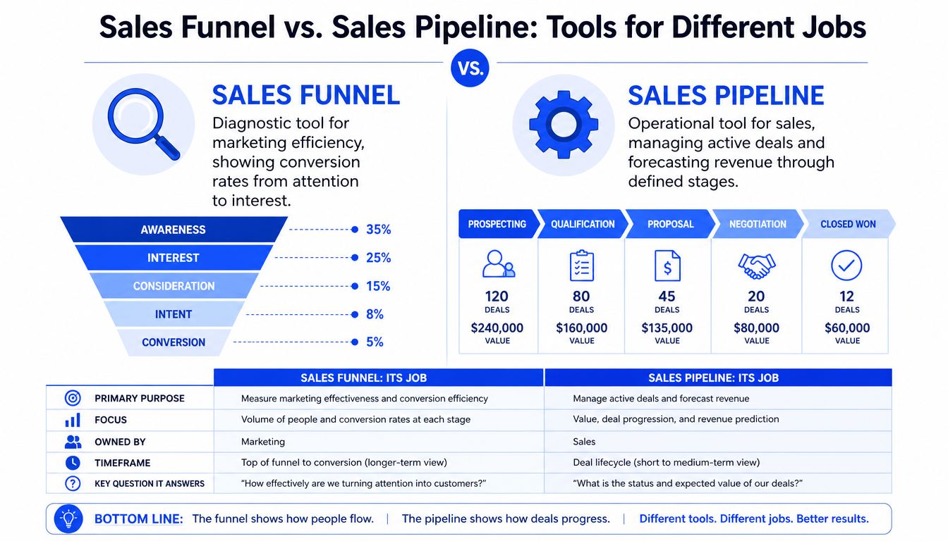 An infographic comparing sales funnel and sales pipeline, detailing their distinct purposes, processes, and business functions.