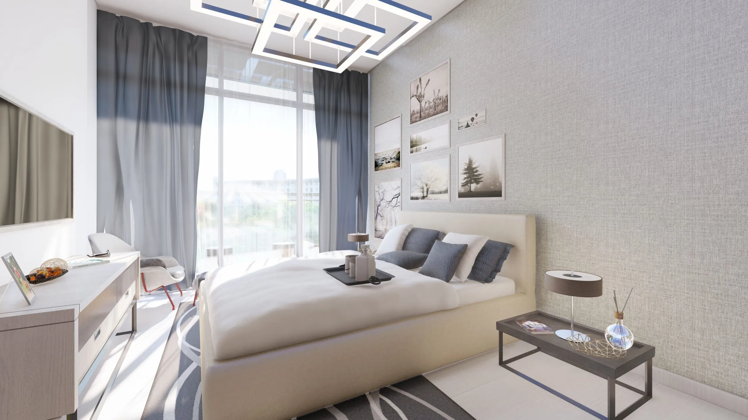 A modern bedroom featuring a bed, desk, and television, located on Samana Golf Avenue.