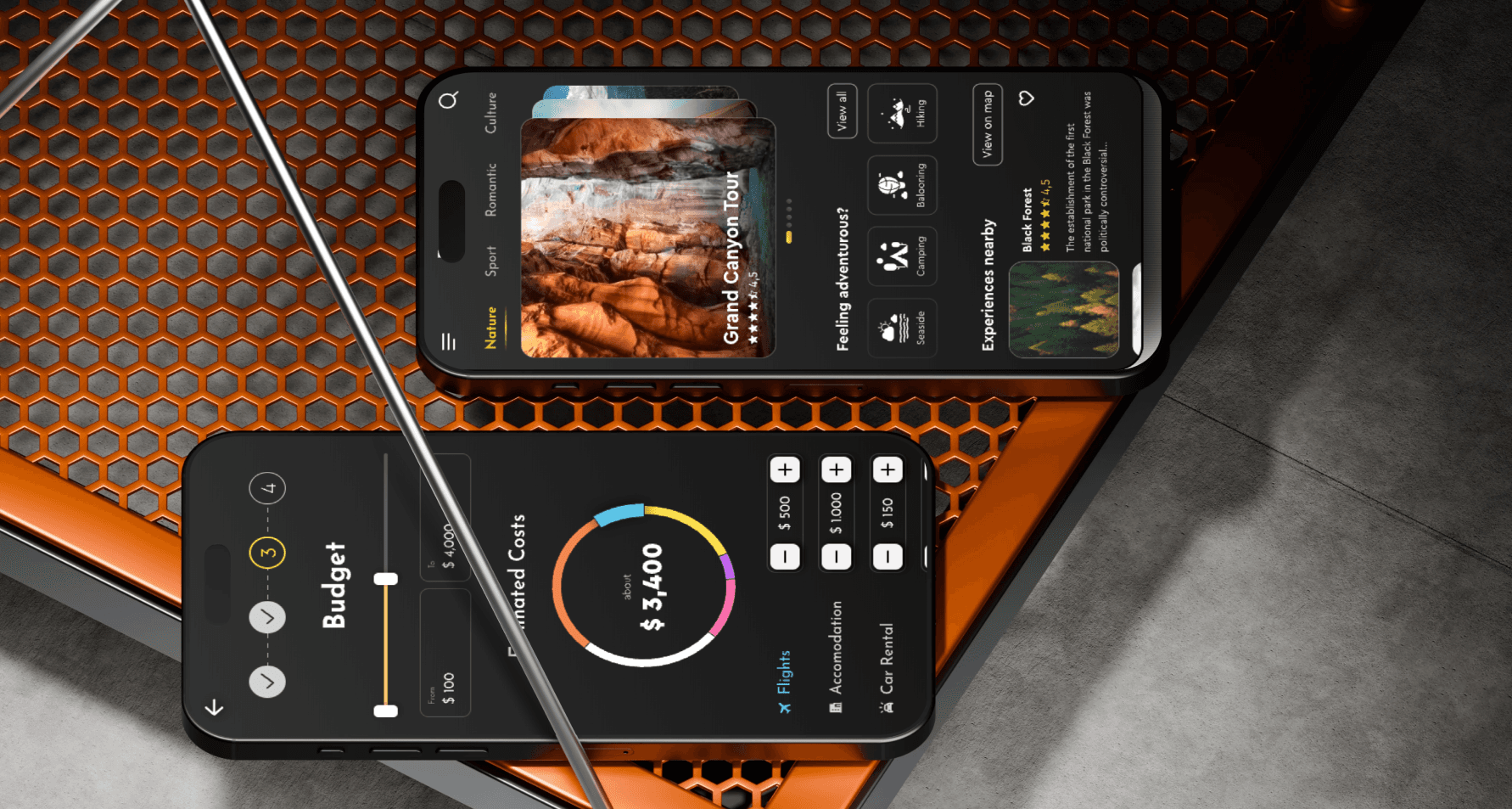 Visualisation of 2 mobiles laying on some orange surface. One of them has brighr canyon images with following things to do and other places to visit. Another one has a trip planning process opened on a step of adjusting a budget & spendings for a trip.