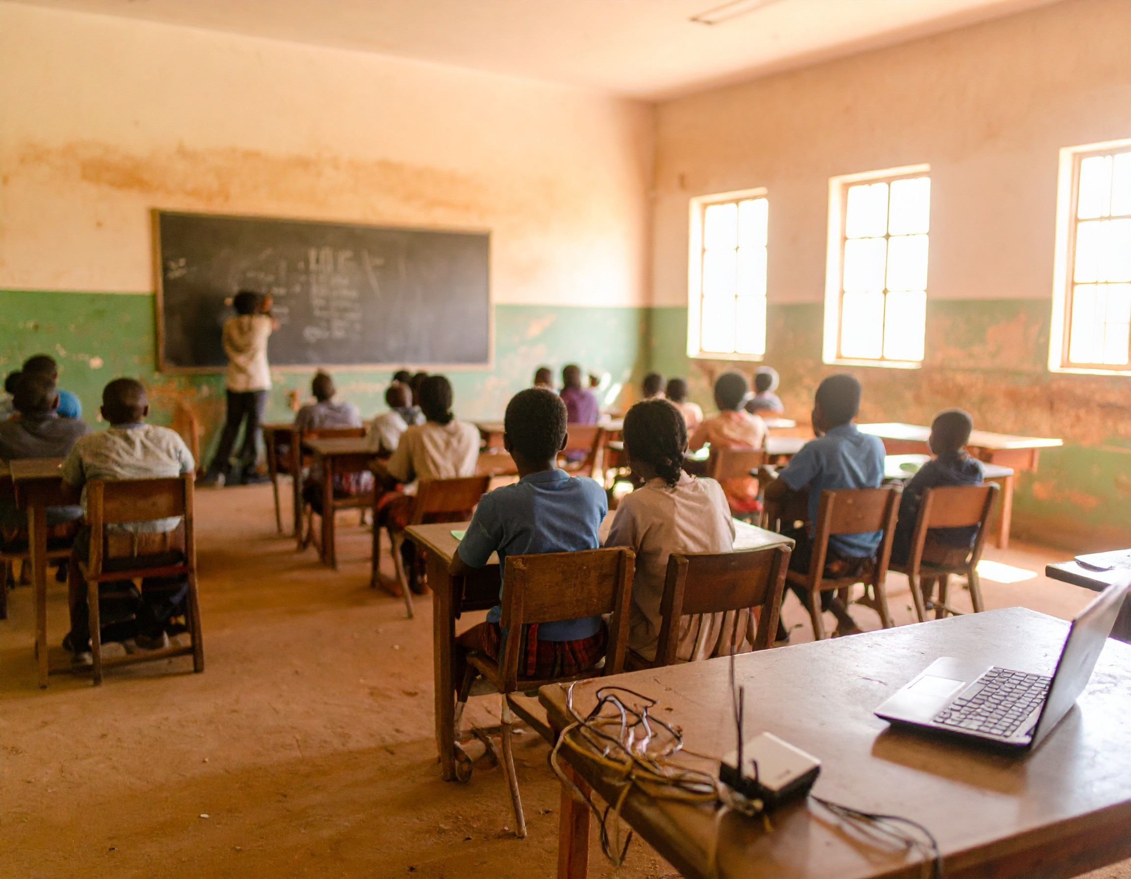 rural classroom with routing equipment