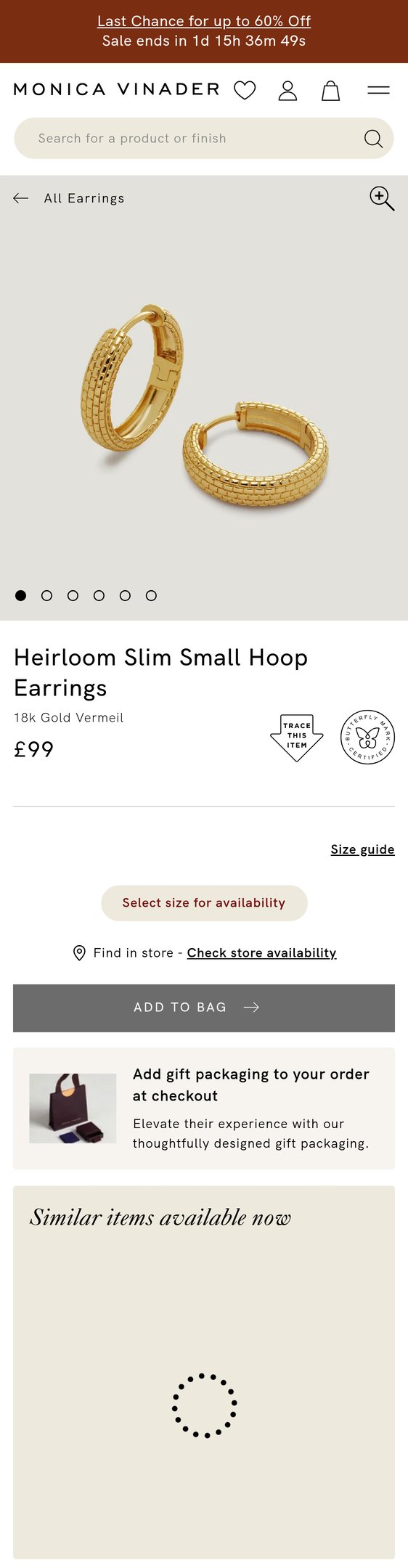 Jewelry product options include:  for Heirloom Slim Small Hoop Earrings from Monica Vinader.