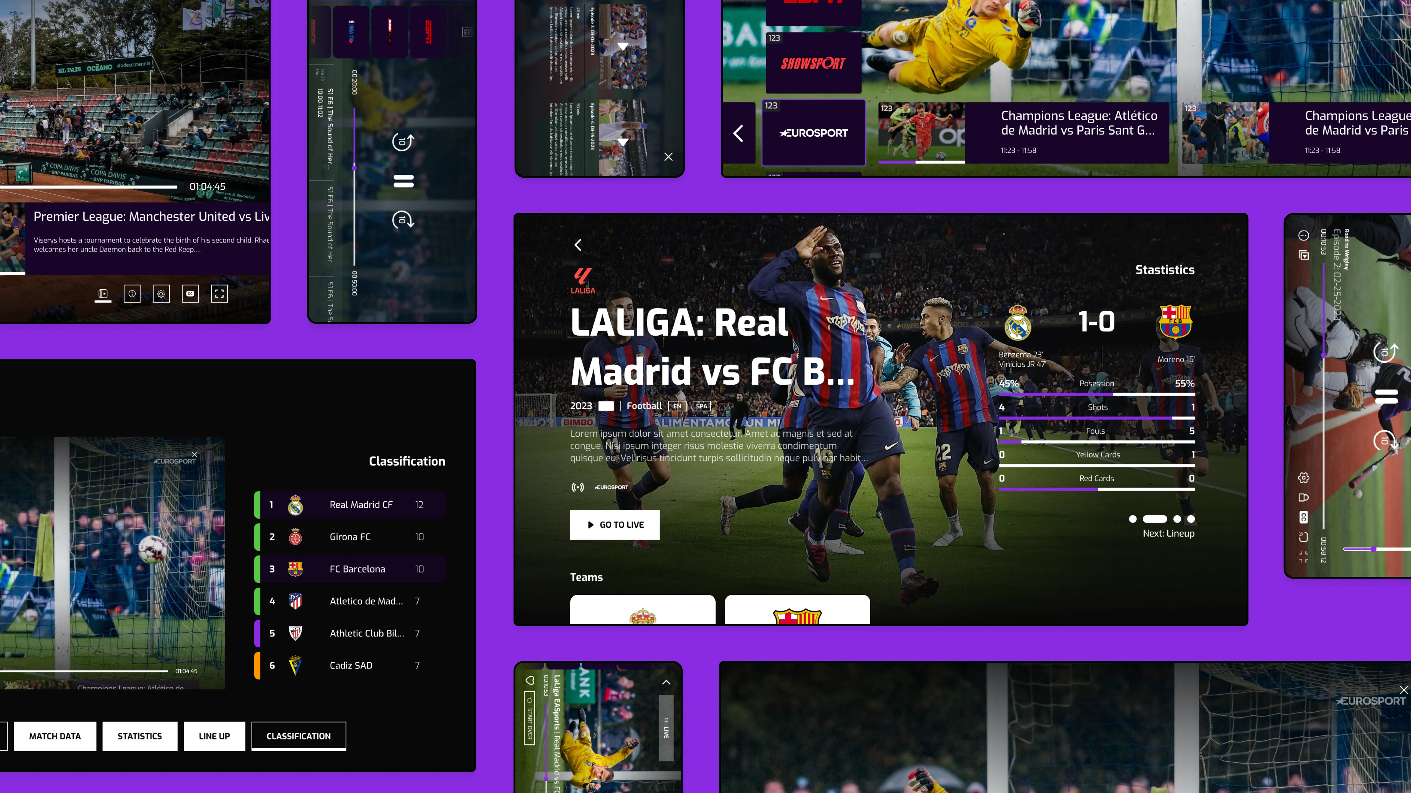 A set of sports app mockups showcasing various screens and features.