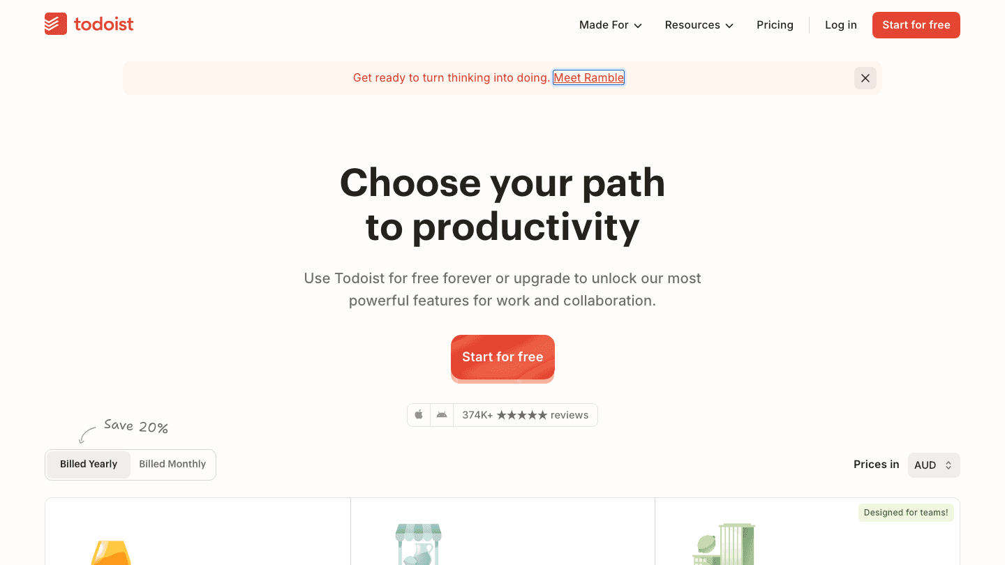 Todoist pricing page showing plan tiers
