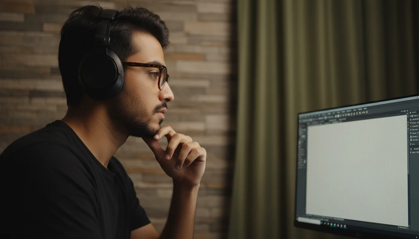 DSLR photograph, profile view of a young South Asian man with glasses and a light beard, deeply focused on a computer monitor. He is wearing large black over-ear headphones and a black t-shirt, his hand resting thoughtfully on his chin. The monitor displays the Autodesk Revit software interface with a blank gridded canvas. The scene is lit with warm, moody indoor lighting creating cinematic contrast. In the background, a textured stacked stone wall and an olive-green curtain are softly blurred with a shallow depth of field.