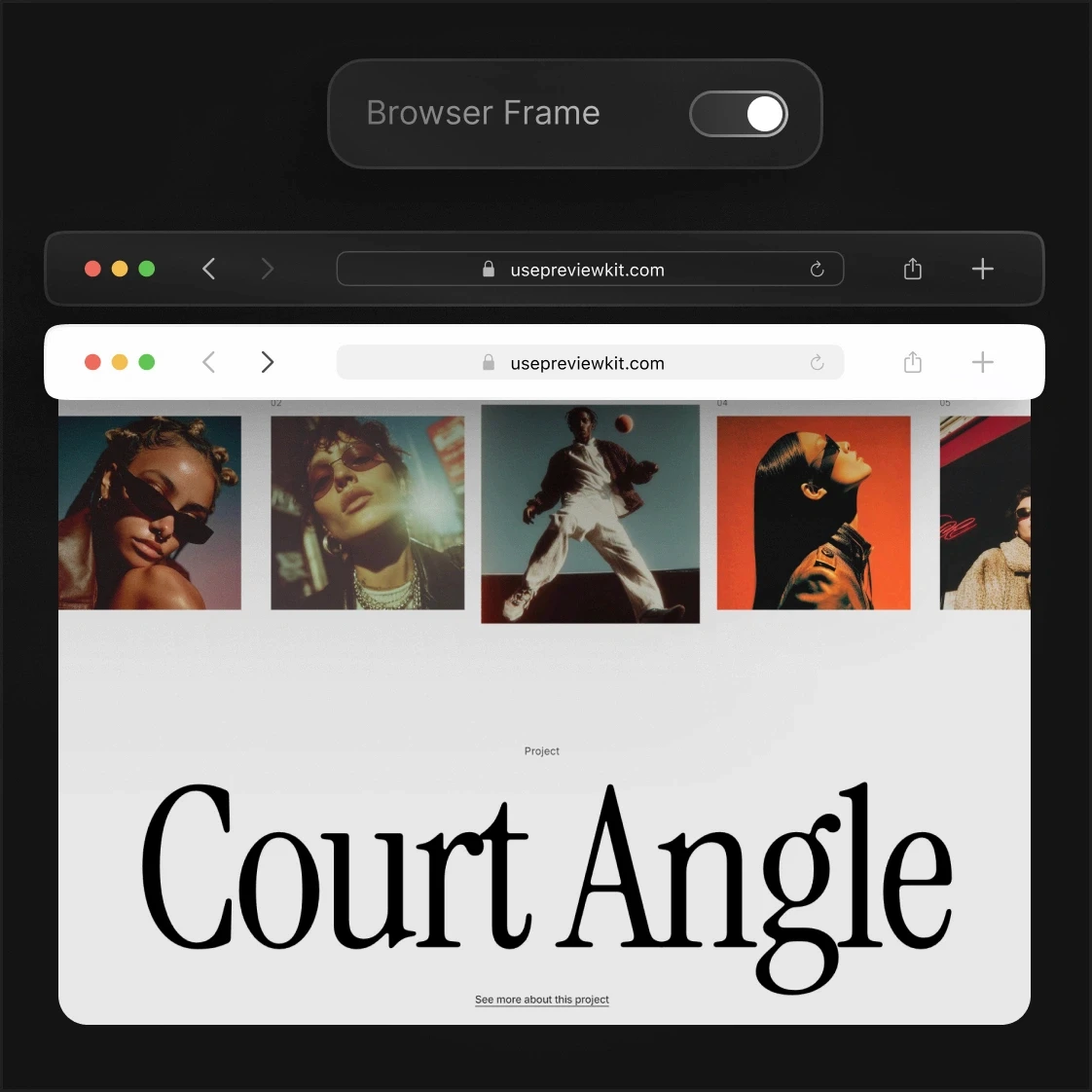 Browser frame toggle wrapping a fashion website screenshot in a clean browser window