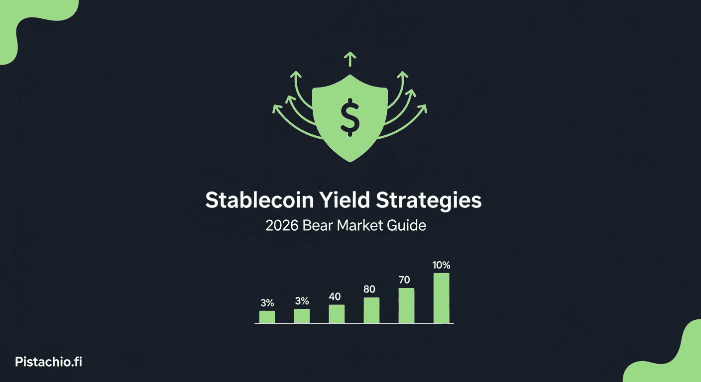 Comparison table of stablecoin yield strategies during the 2026 bear market, showing DeFi lending, fixed-rate vaults, and tokenized treasuries with APY ranges