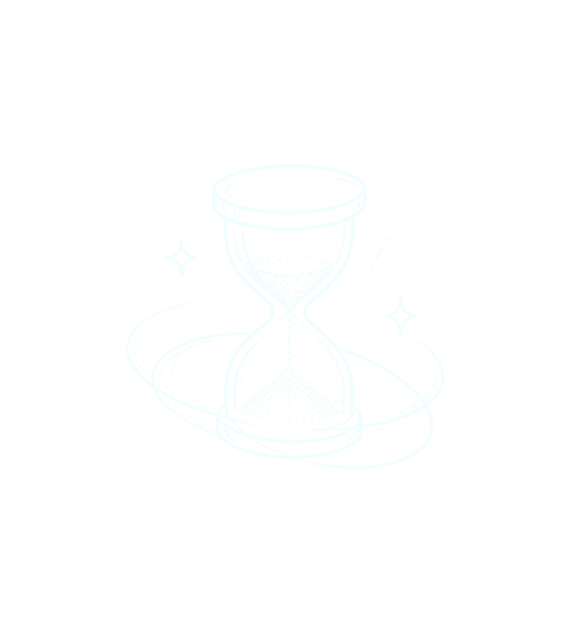 Neon hourglass with flowing particles symbolizing time, progress, and continuity.
