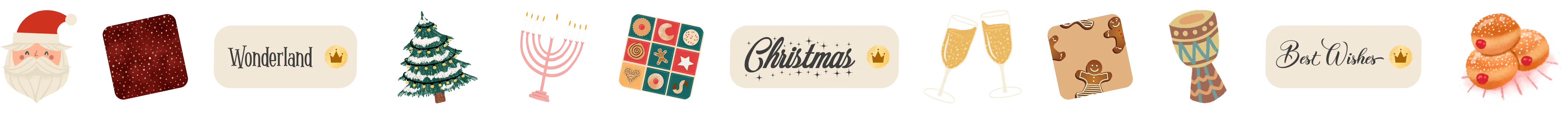 ow of small holiday icons including Santa, Christmas tree, glasses, and festive words