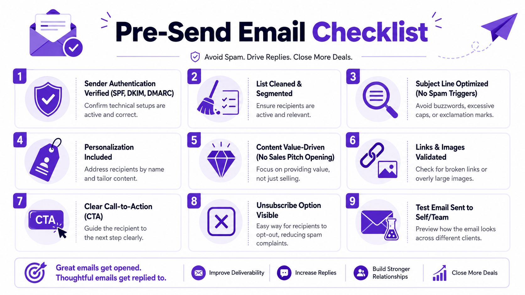 An informative infographic titled Pre-Send Email Checklist providing nine essential steps to improve email deliverability and engagement.