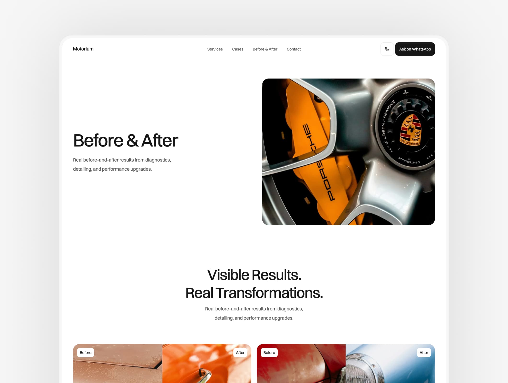 Car repair website before and after section showing service results and clear conversion focused layout