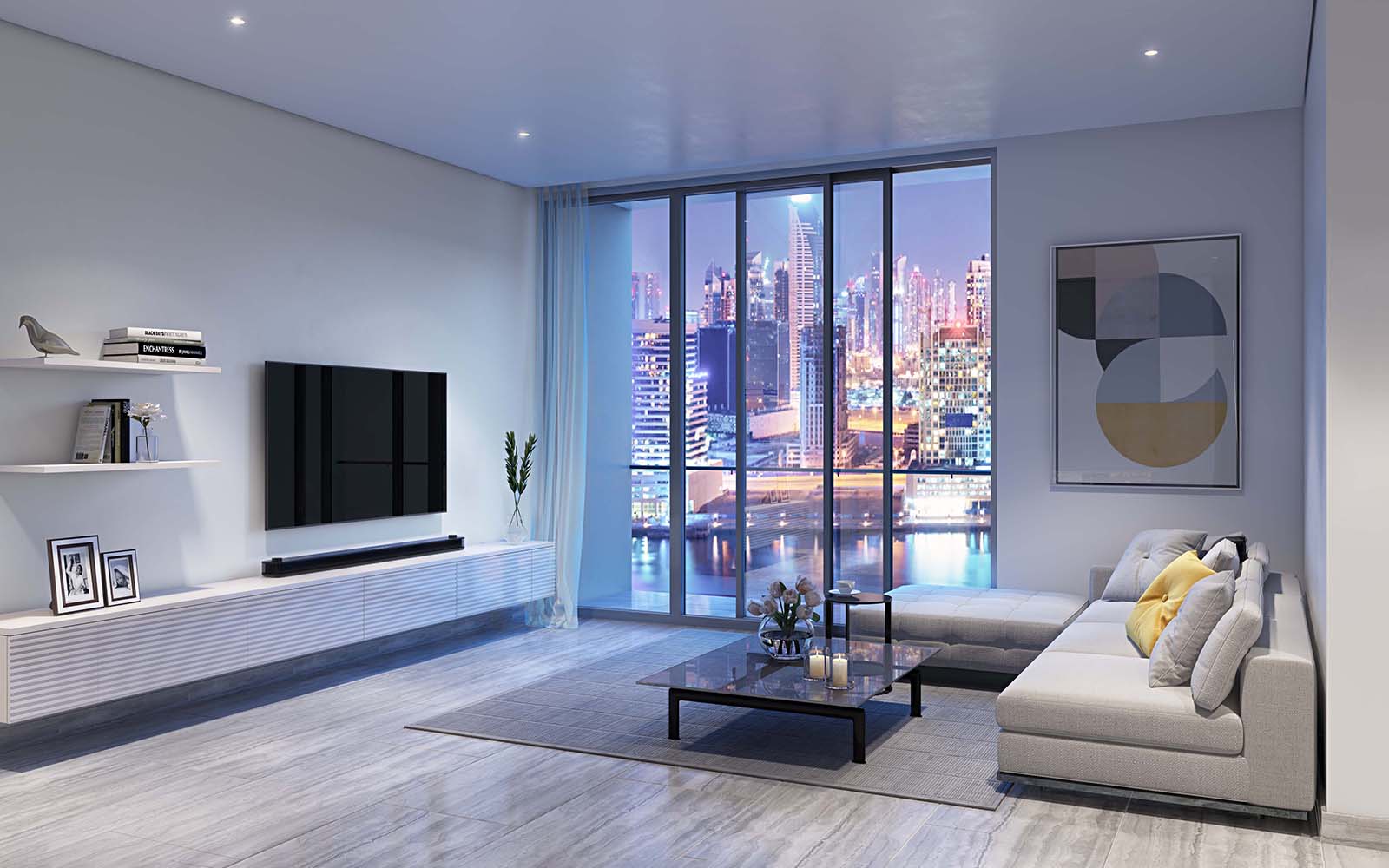 A modern living room featuring sleek furniture and a panoramic city view from Peninsula One.