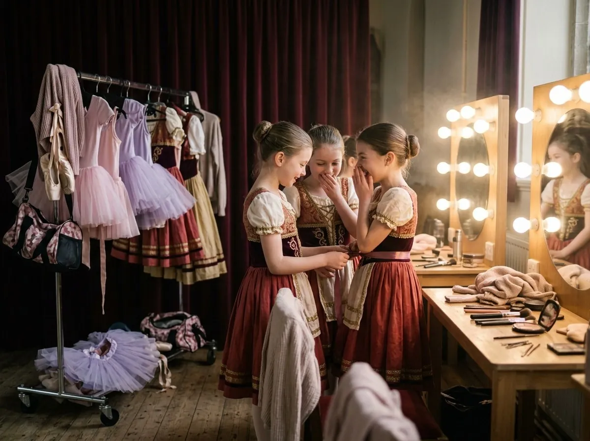Young dancers backstage in red and gold costumes beside a lit mirror and a rail of tutus