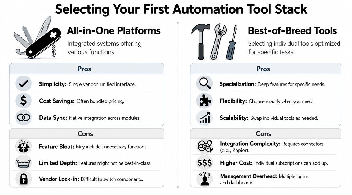 A comparison chart showing the pros and cons of using All-in-One platforms versus Best-of-Breed tools for automation.