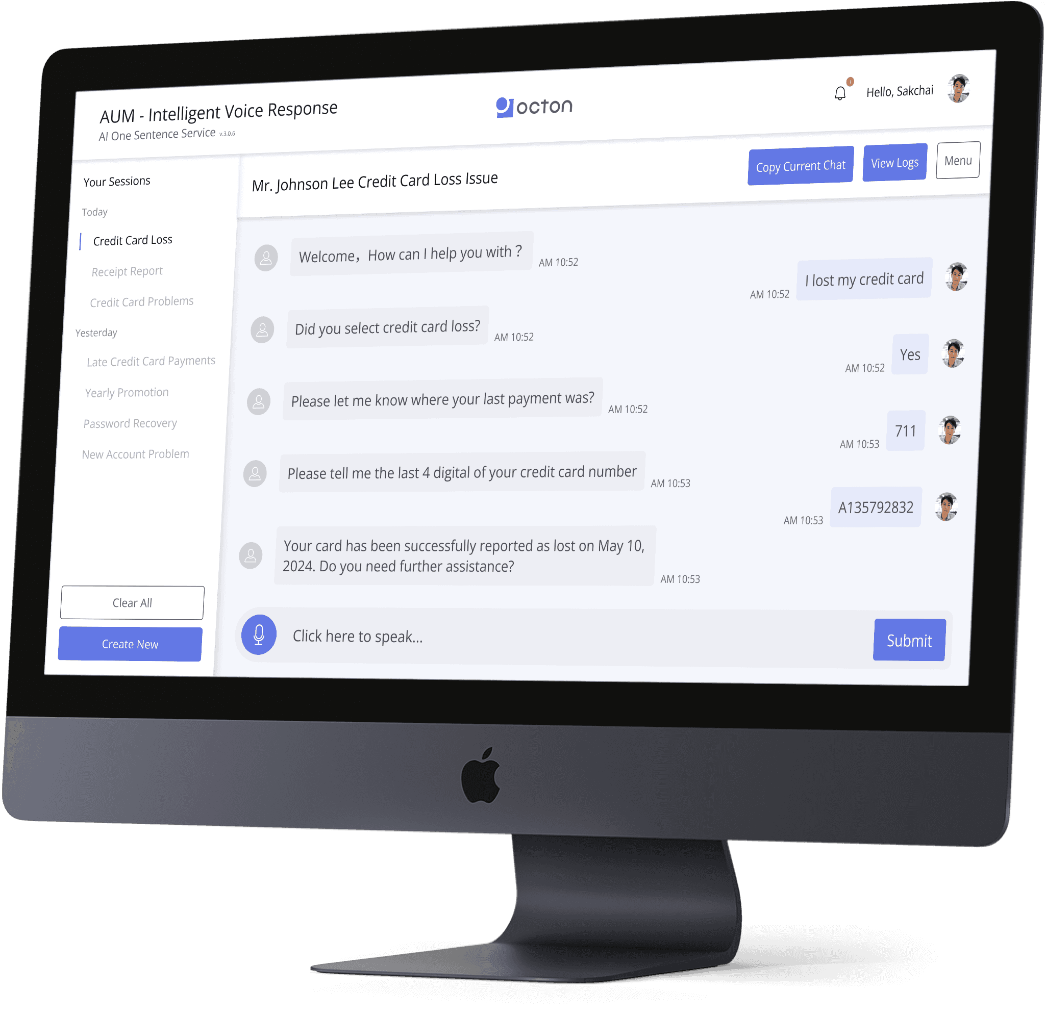 A desktop screen displays the AUM User Interface, showcasing an AI-powered live call transcription system. The interface captures real-time speech-to-text (STT) conversion, accurately transcribing customer interactions for monitoring and insights.