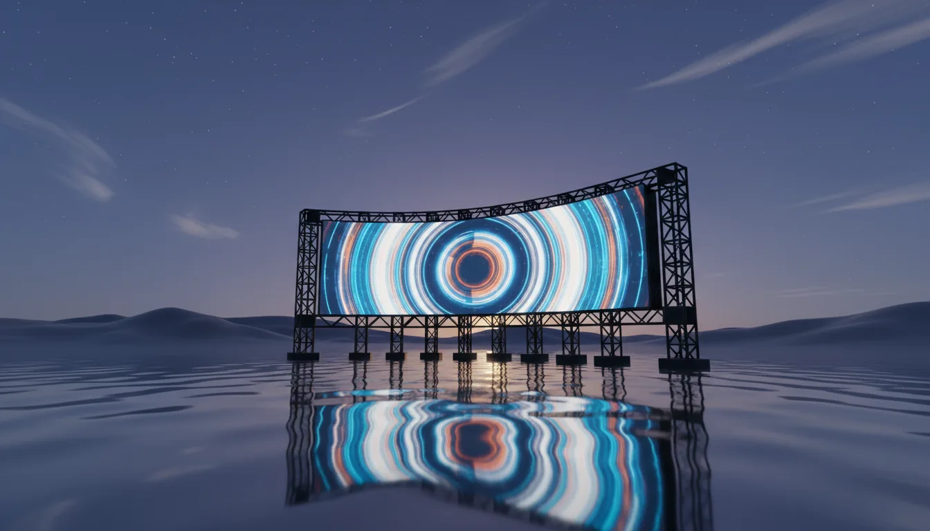3D render in Blender style of a large, gently curved digital billboard on a black metal scaffolding structure, standing on a perfectly reflective mirror floor in a minimalist, surreal landscape. The screen displays a vibrant abstract digital art piece with concentric blue, white, and terracotta orange rings. The scene is set against a serene twilight sky, a deep blue gradient with subtle stars and long, wispy white clouds. The lighting is soft global illumination, with a bright light source creating dramatic long shadows and a brilliant reflection on the mirror surface. Low-angle shot, cinematic, high detail.