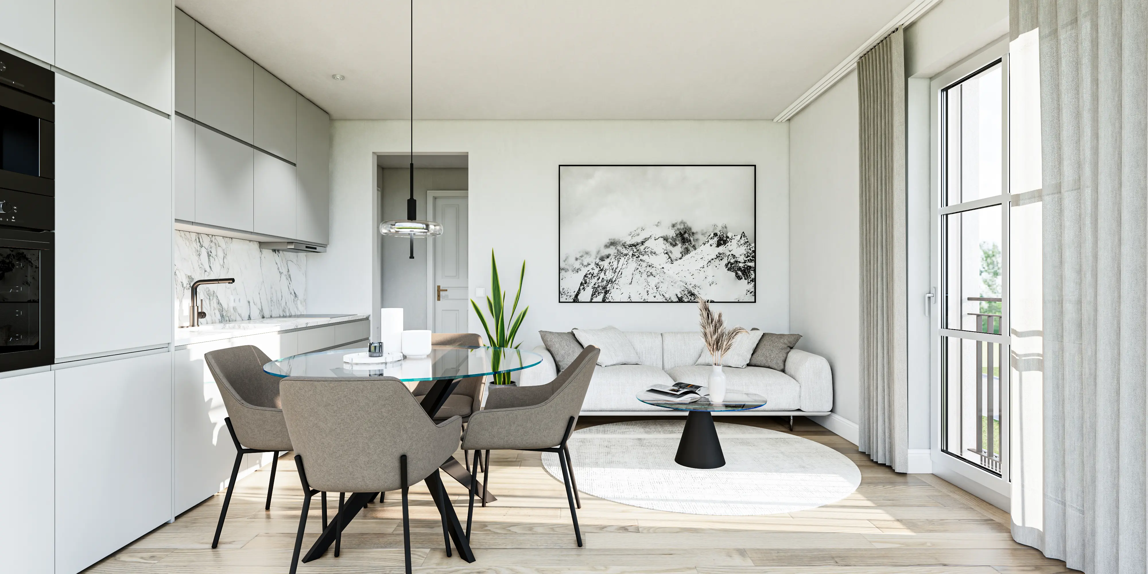 Wohn- und Essbereich einer modernen Neubauwohnung mit offener Raumaufteilung.