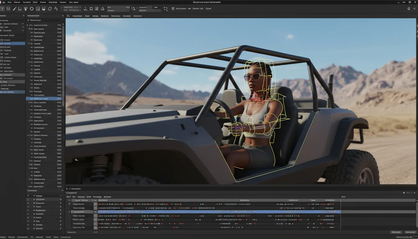 A high-resolution screenshot of the Unreal Engine software interface in Modern Dark Mode, showcasing a complex 3D animation project. The layout features a central viewport, a left sidebar with detailed technical parameters, a bottom panel with a Sequencer timeline showing tracks and keyframes, and a top toolbar with professional iconography. The main viewport displays a photorealistic 3D render of a Black woman with cornrow braids and sunglasses in the driver's seat of an off-road buggy, set against a rugged mountain landscape under a bright sky. Overlaid on the 3D character are brightly colored animation rigging controls: abstract yellow and red shapes around her head and neck, and a wireframe transform gizmo with coordinate axes on her hand as it rests on the steering wheel. The UI is filled with abstracted text lines and placeholder data, with muted blue highlights on selected elements.