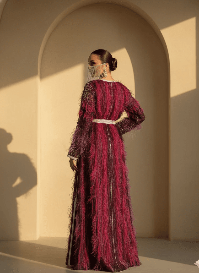 Deep burgundy Moroccan caftan with feather texture and embroidery, luxury handmade caftan Bahrain