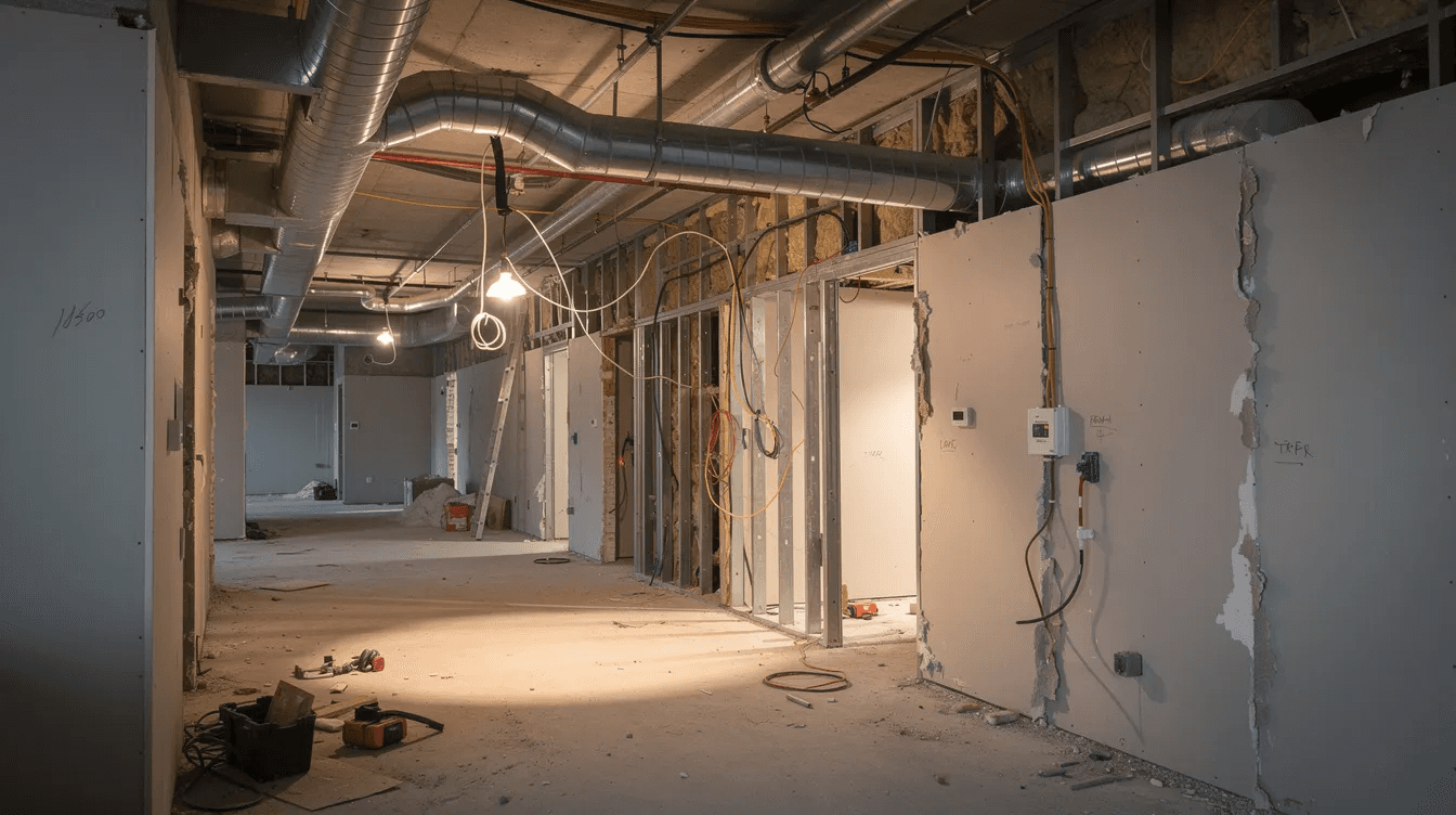 The image depicts the interior of an apartment building undergoing renovation, showcasing exposed HVAC ductwork, electrical conduit, and plumbing pipes. This setting highlights the complexities often involved in managing a residential rental property and the potential for capital improvements that may affect rental property depreciation.