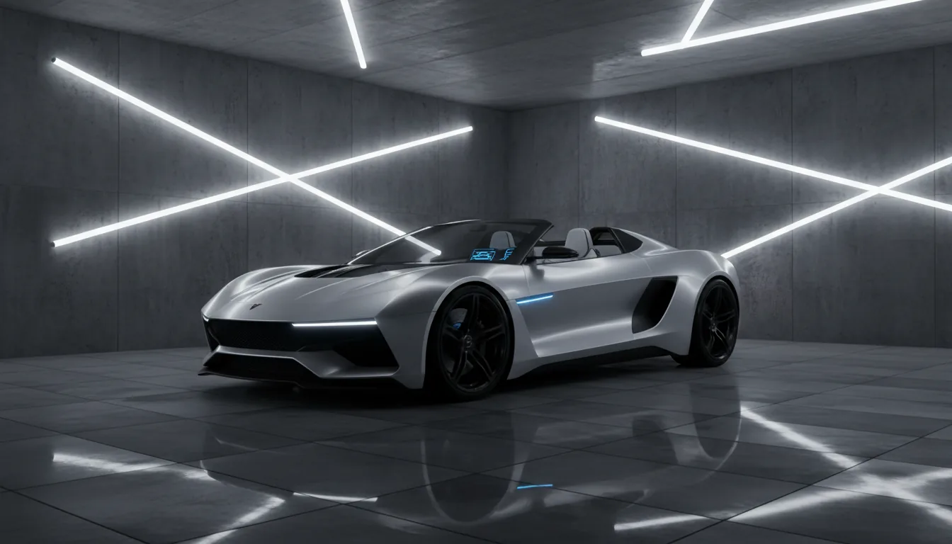 Photorealistic 3D render in the style of the Unity engine, a sleek silver concept convertible sports car with matte black trim parked at a three-quarter angle in a futuristic concrete garage. The scene is illuminated by dramatic, high-contrast studio lighting from long, horizontal and angled white LED tube lights on the walls and ceiling. The bright lights cast strong specular reflections on the car's metallic paint and the slightly wet, dark grey tiled floor. Wide-angle, low-angle shot, sharp focus, cinematic and moody atmosphere.