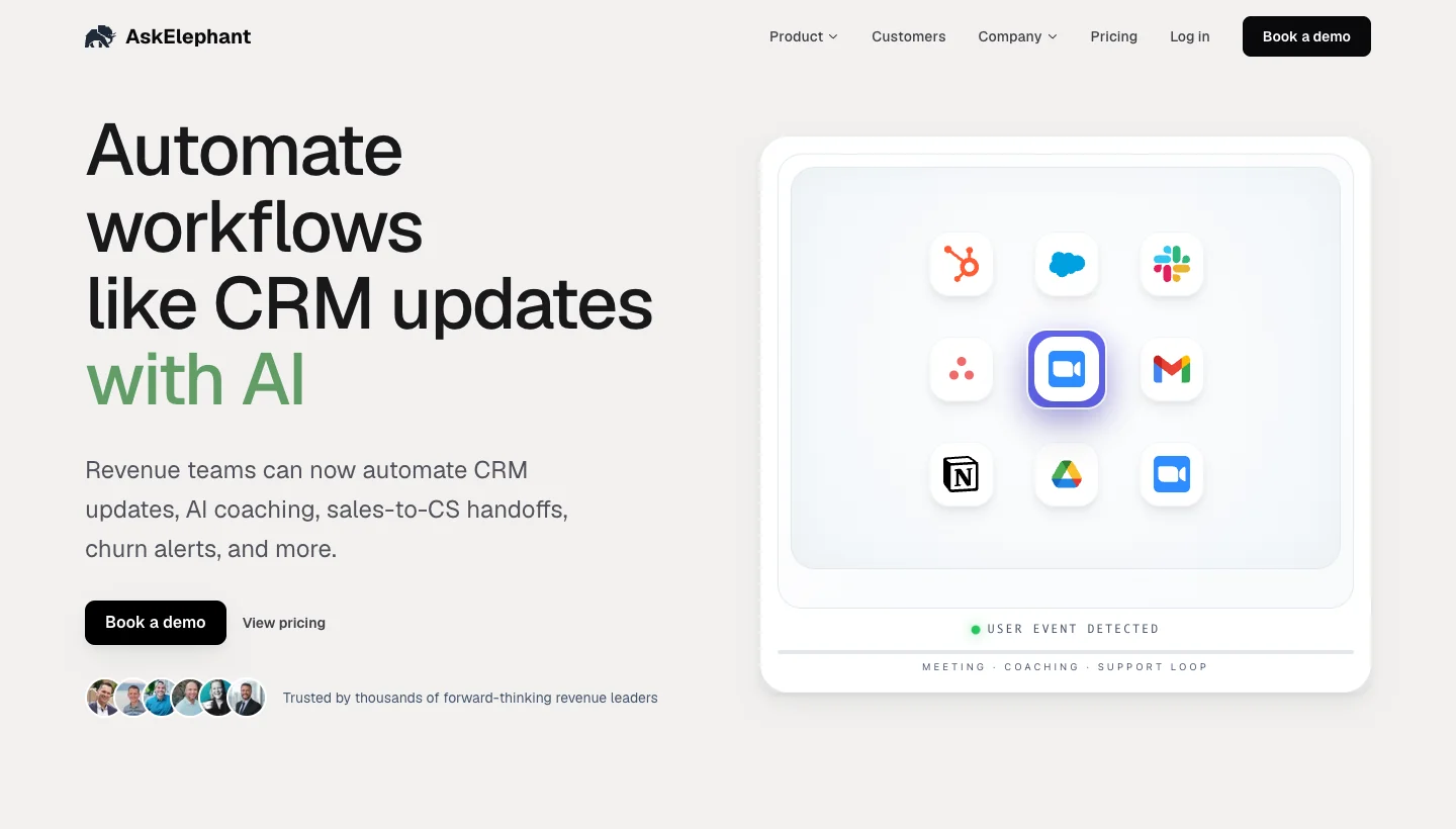 AskElephant homepage: AI revenue automation platform for CRM updates and follow-ups