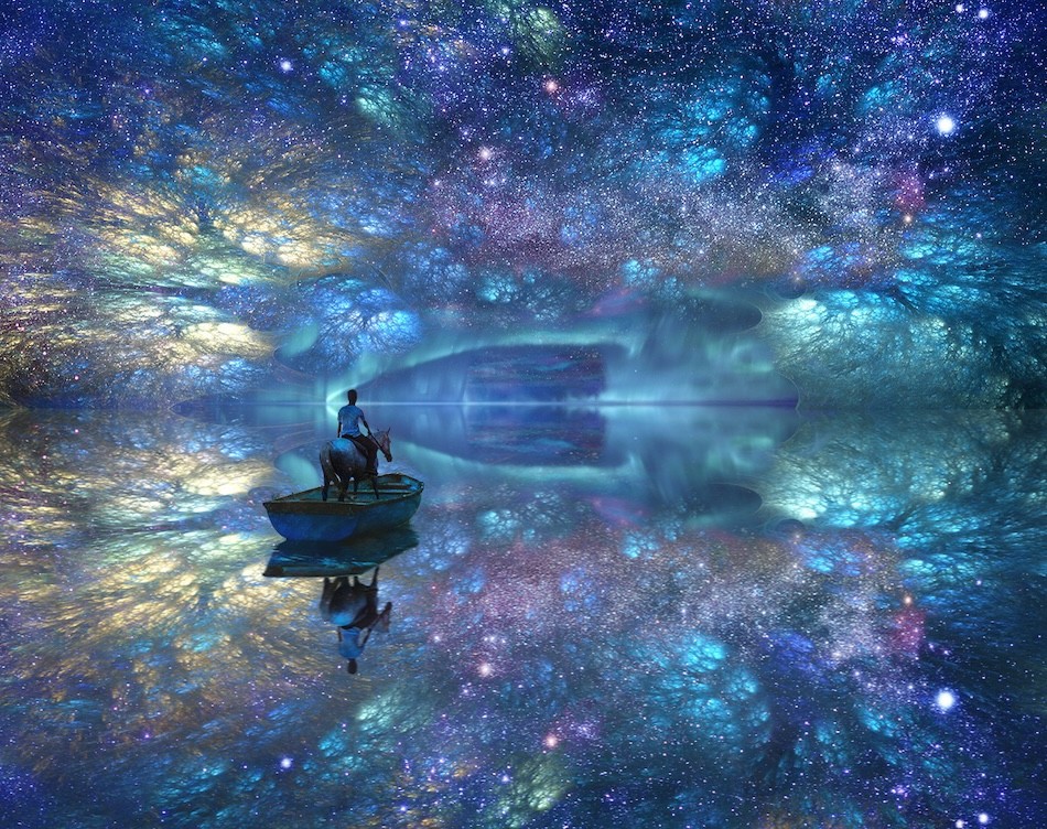 Concept Design of a lake mirroring a dreamy and abstract night sky