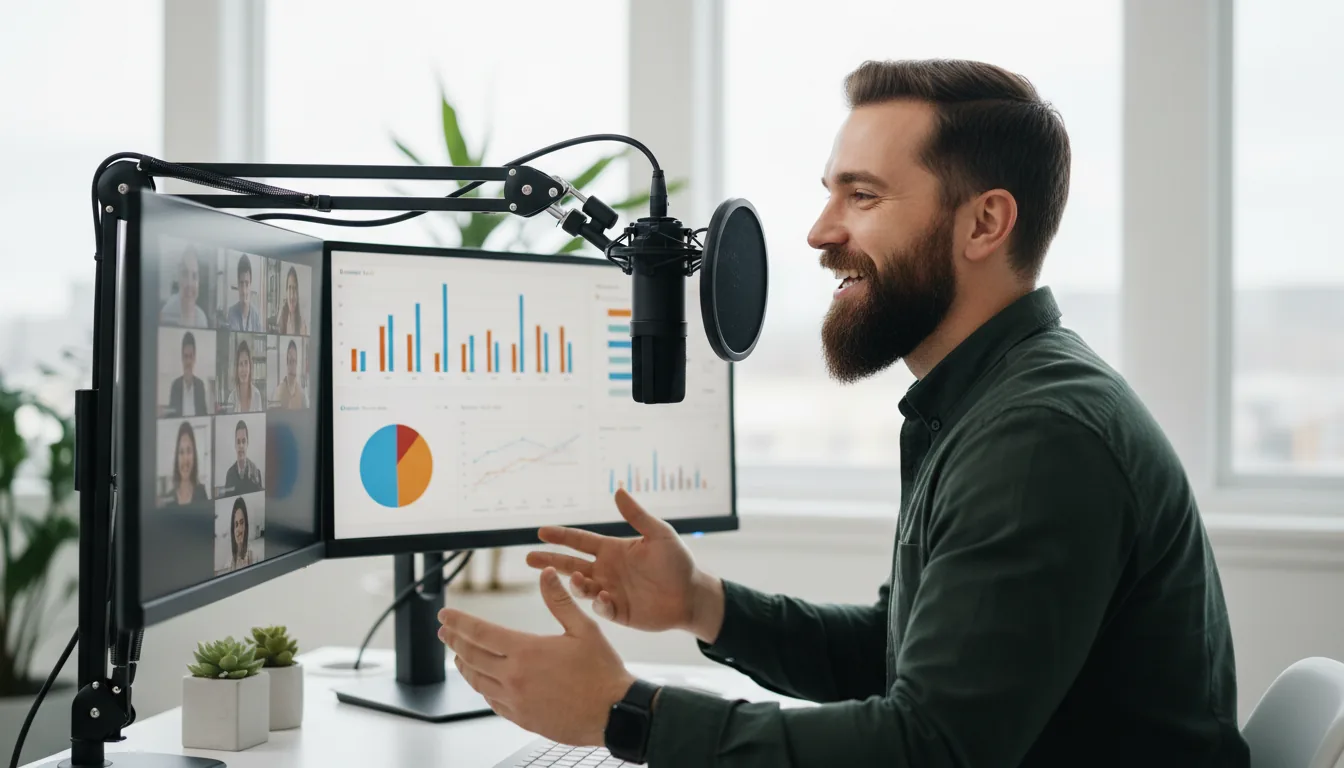 DSLR photograph, medium shot of a charismatic man with a beard hosting a virtual event from a bright, minimalist home office. He stands in profile at a white desk, wearing a dark green button-down shirt, smiling and gesturing towards his screens. The desk has a dual-monitor setup: one screen displays a multi-person video call grid, the other shows a data analytics dashboard with charts. A professional black condenser microphone on a boom arm with a pop filter is positioned in front of him. The scene is illuminated by bright, airy natural daylight from large windows in the background, creating a clean high-key aesthetic with soft shadows. Potted plants are on the desk. Shallow depth of field.