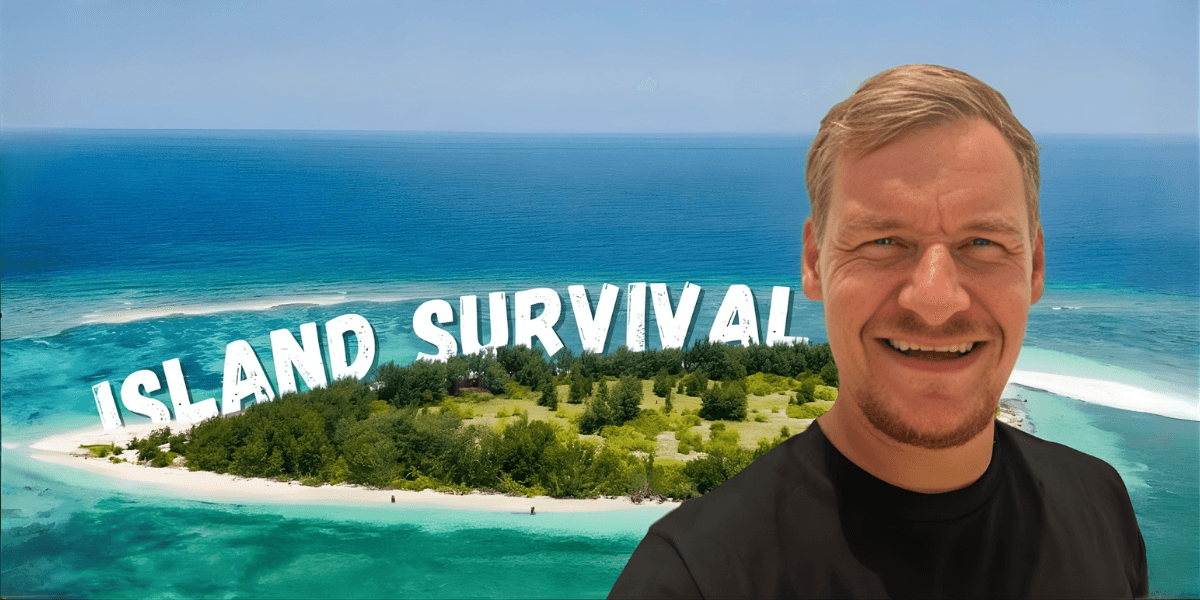 A man smiles in front of a remote island, promoting an authentic survival adventure experience.