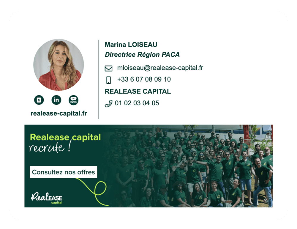 exemple de signature email professionnelle avec Sigilium qui permet de faciliter le recrutement des profils chez Realase capital.