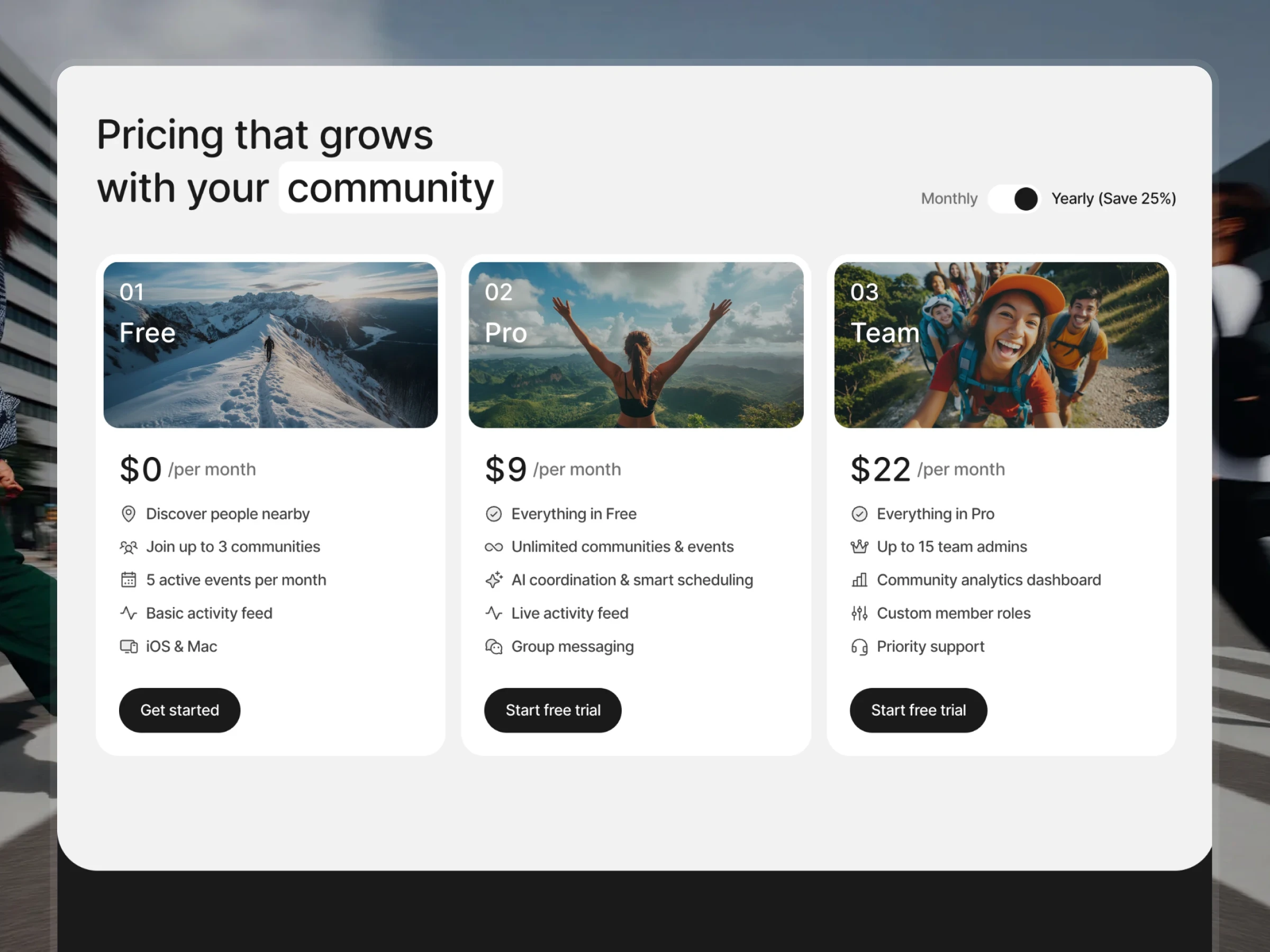 Coorda mobile app website template pricing section with three plans and photo cards
