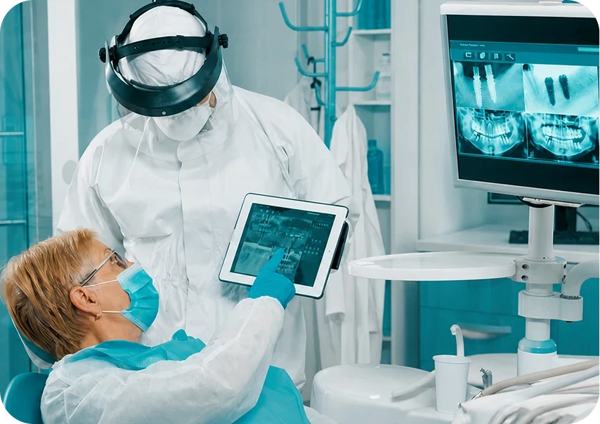 Dentist using tablet computer to explain treatment results to patient.