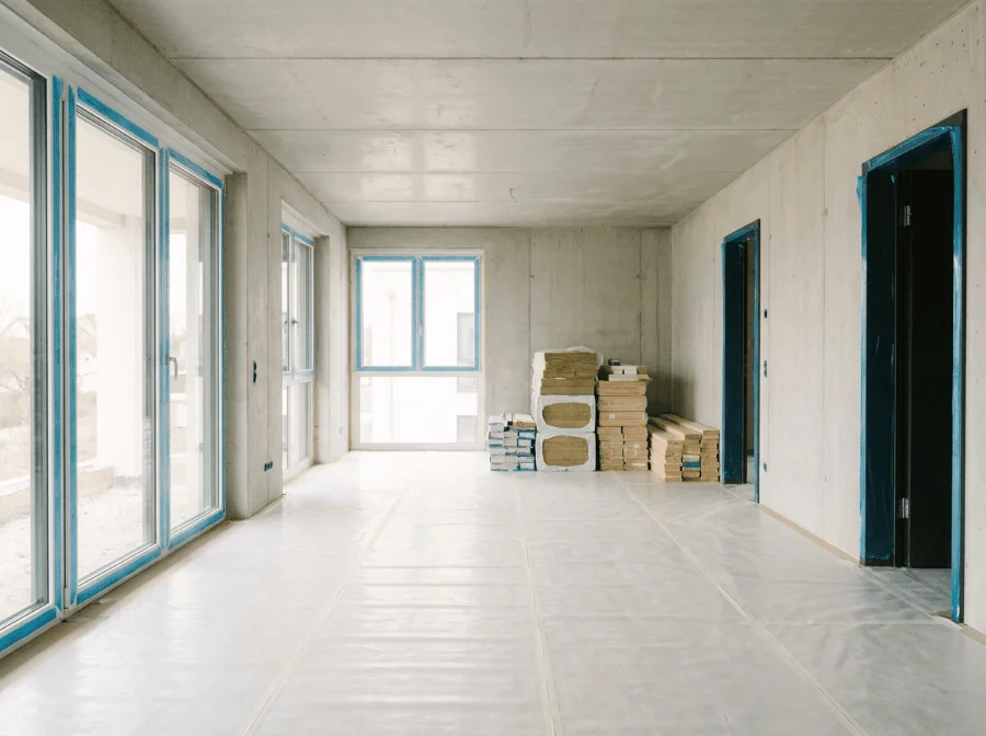 Ein Raum im Rohbau-Zustand, dessen Fenster- und Türrahmen mit blauem Schutzband abgeklebt sind. Der Boden ist komplett mit weißer Schutzfolie ausgelegt, und im hinteren Bereich stapeln sich Dämmstoffplatten und Baumaterialien.