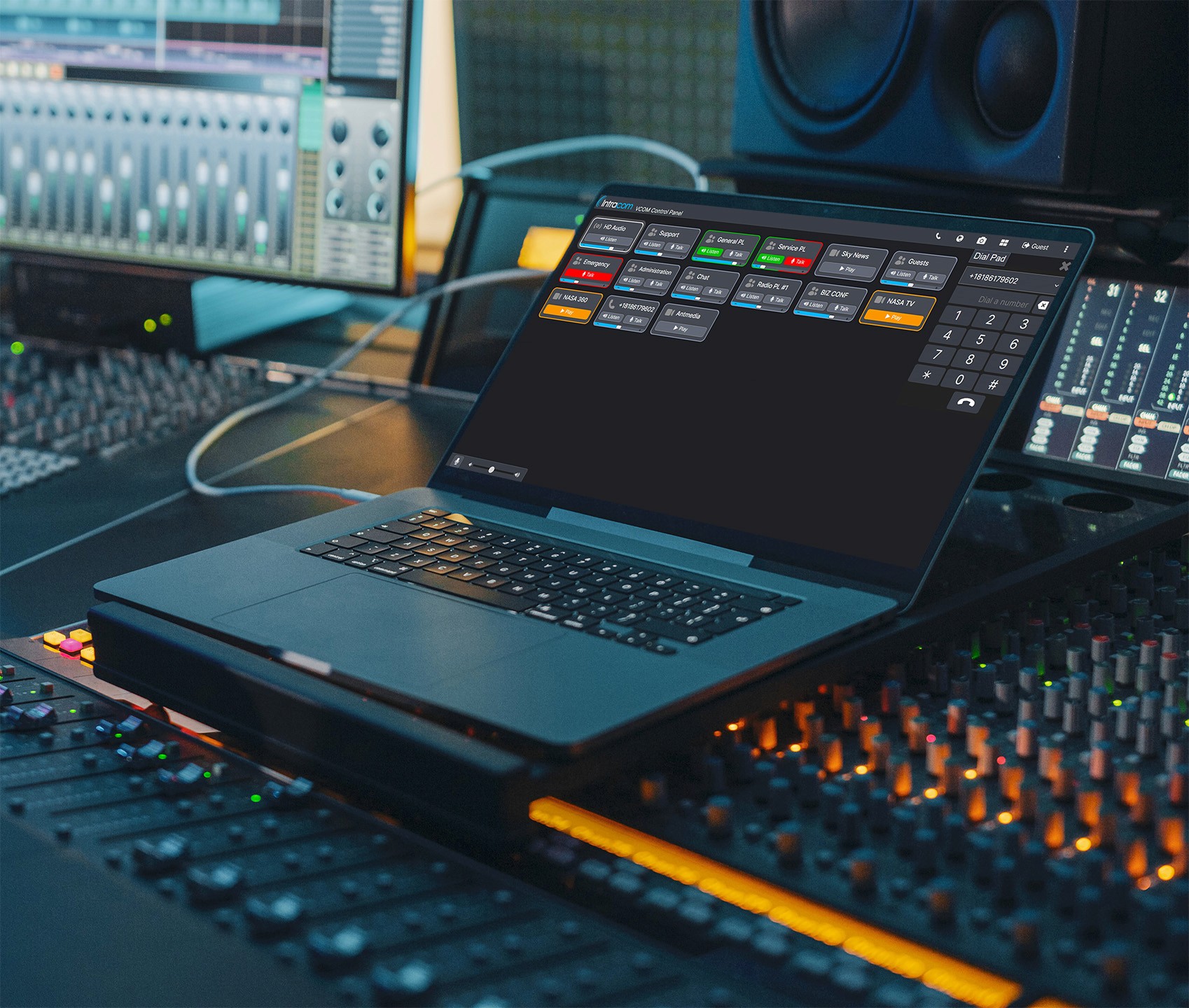 A laptop showing VCOM WebRTC Control Panel