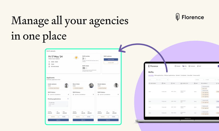 A product mockup graphic showing the Florence Agency Manager software dashboard on a light background with purple accents and the text "Manage all your agencies in one place"
