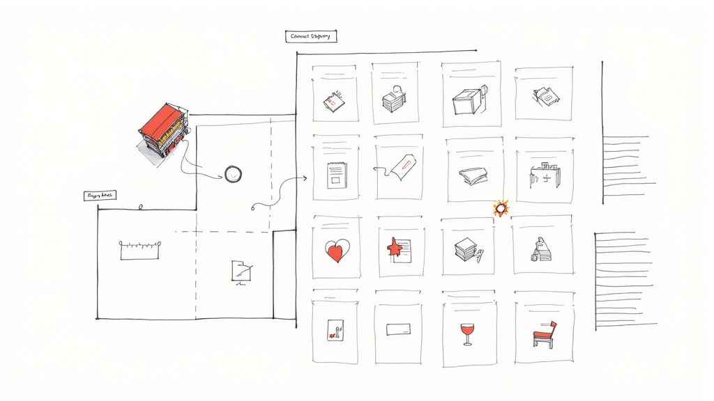 A person organizing digital files on a large interactive screen, representing information architecture.