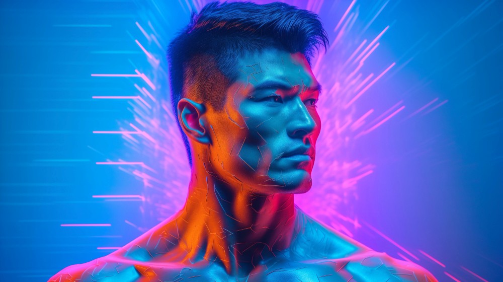 A male figure's head and shoulders illuminated by vibrant neon blue and orange light