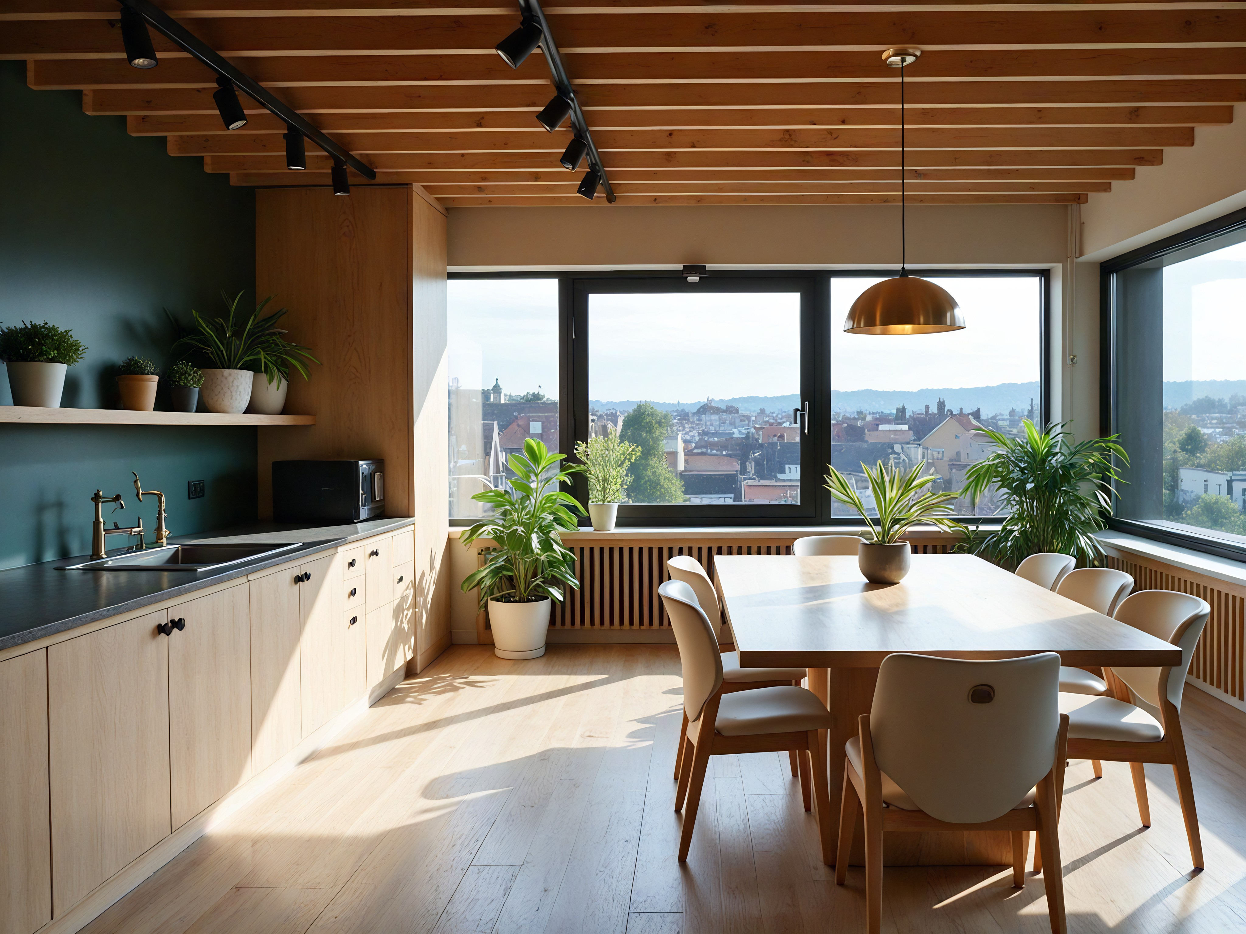 A classic European-style bedroom with ornate ceiling moldings and white paneled walls is shown. A large window on the far wall looks out on green foliage. A large, green upholstered, winged bed is against the wall on the left, which has a two-panel grey and white painting hanging directly above the bed. The bed features light sage green pillows and bedding as well as a small, green upholstered bench at the foot. A sage green knitted throw blanket is at the lower end. On either side of the bed are small, wooden bedside tables, both with lamps with beige-colored shades. The left bedside table has a stack of three small drawers. A larger rug in a shade of grey sits in front of the bed on the grey and white marble-patterned flooring. To the right, against the right wall, are floor-to-ceiling cream cabinets with gold-colored T-bar style handles. A dark grey pot with a green, leafy bush inside is near the corner and next to the window. In front of the window is a white radiator.
