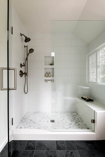 Remodeled bathroom shower in Kirkland, WA. Full-service interior design in Kirkland, Washington by Elegant Simplicity.