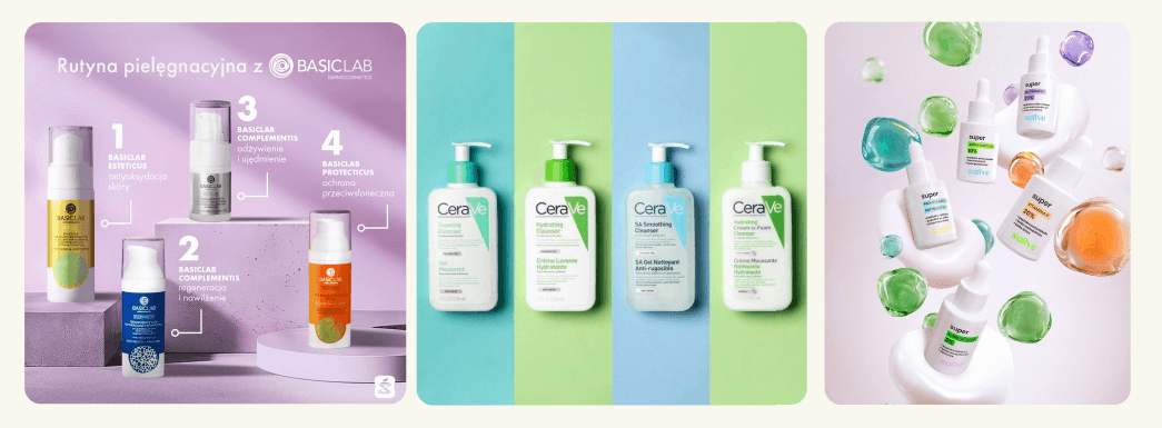 Kolaż produktów pielęgnacyjnych Basiclab, CeraVe i Super Solve